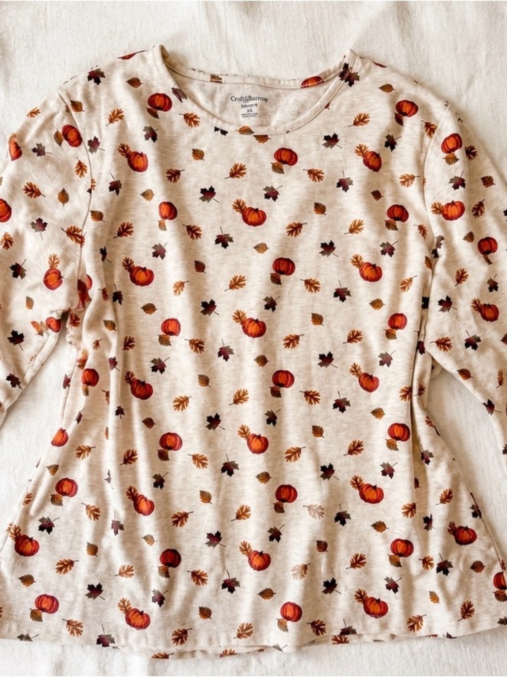 Cozy Pumpkin Print Long Sleeve Tee - Cream & Orange